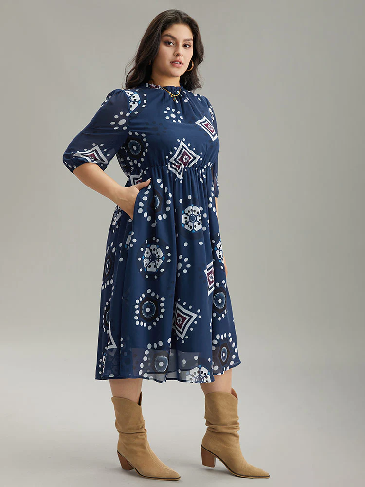 Geometric Mesh Stand Collar Frill Trim Dress - Image 4