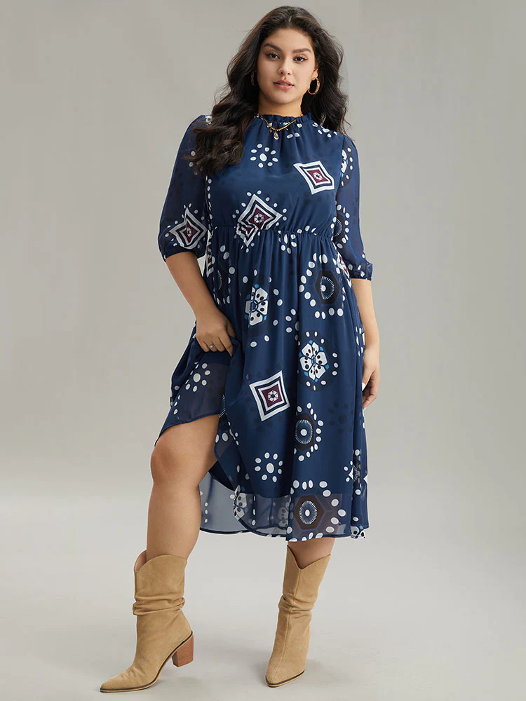 Geometric Mesh Stand Collar Frill Trim Dress - Image 5