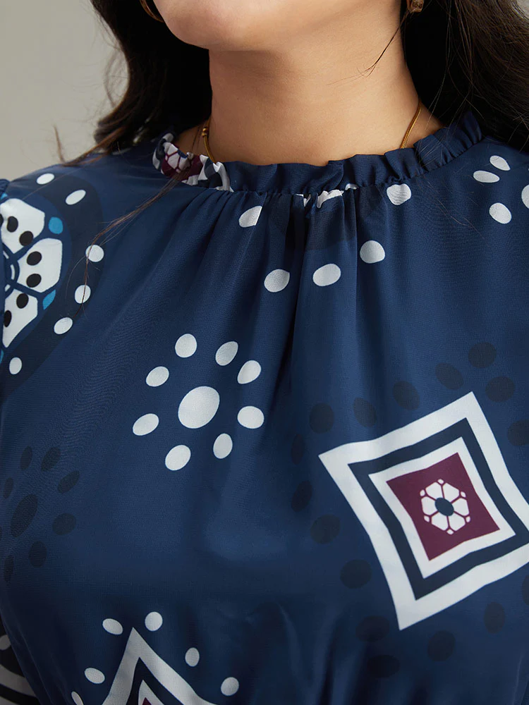 Geometric Mesh Stand Collar Frill Trim Dress - Image 6