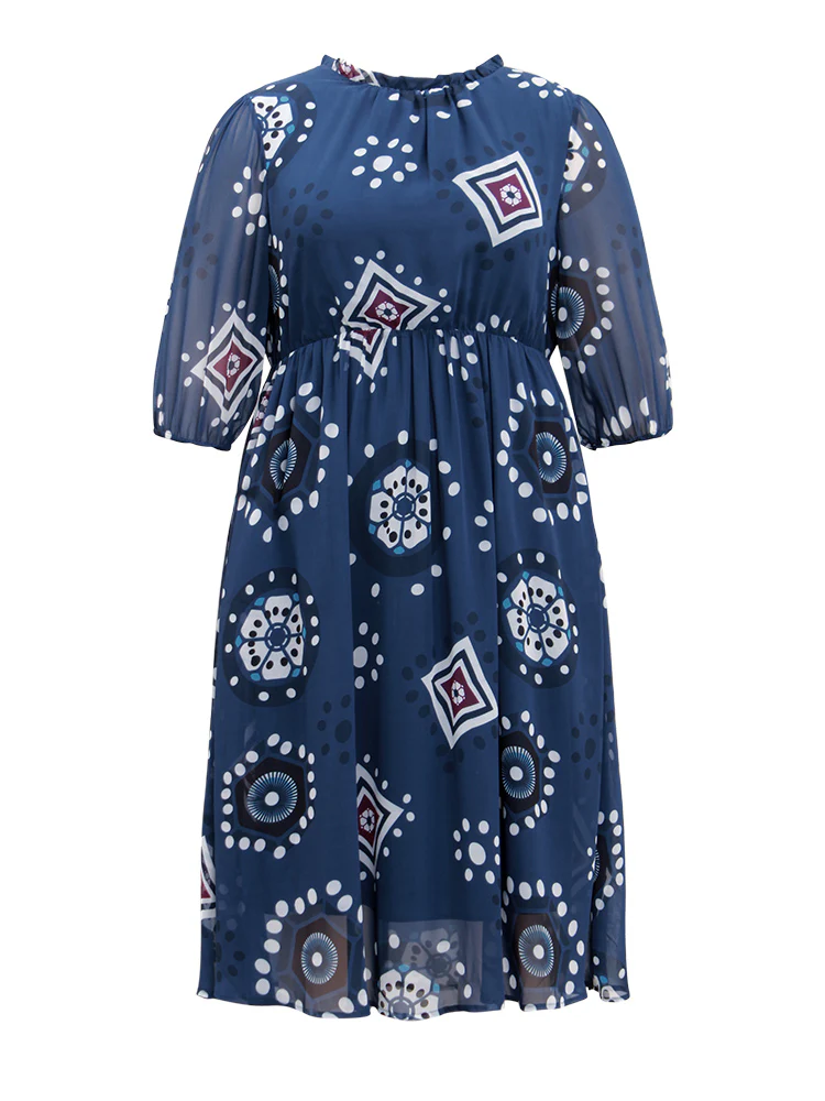 Geometric Mesh Stand Collar Frill Trim Dress - Image 7