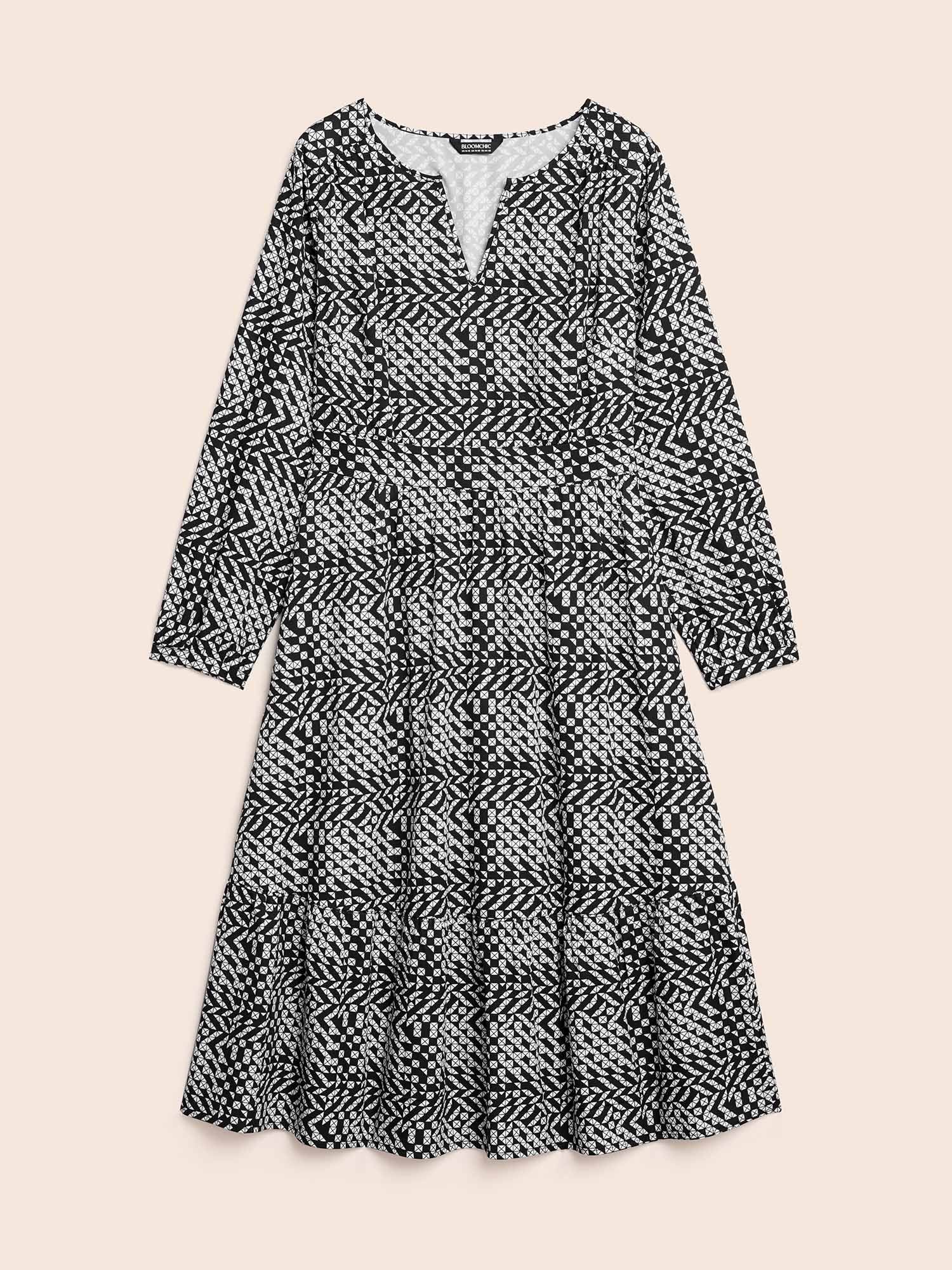 Geometric Notched Lantern Sleeve Midi Dress - Image 7