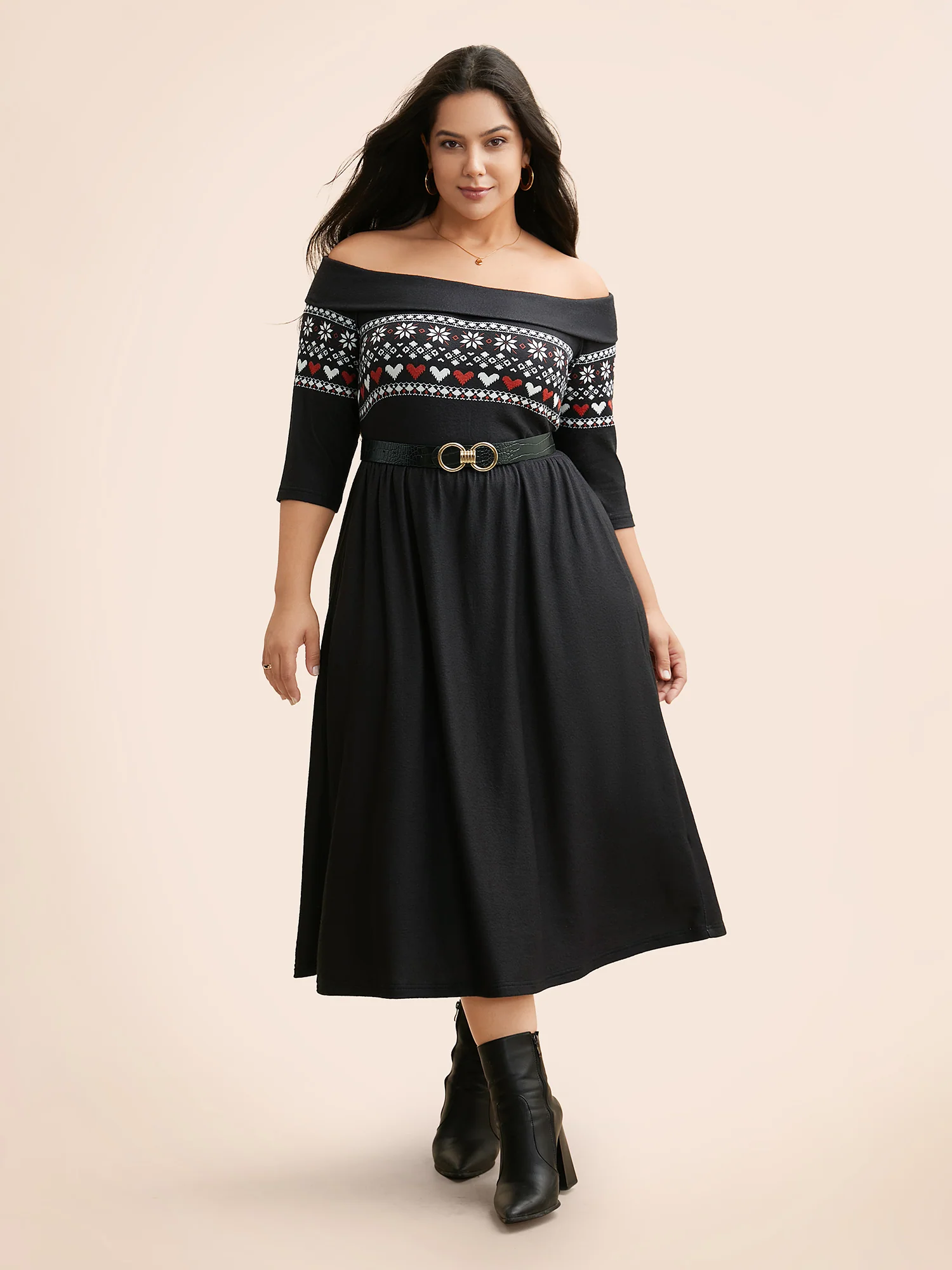 Geometric Off Shoulder Neck Midi Dress - Image 3