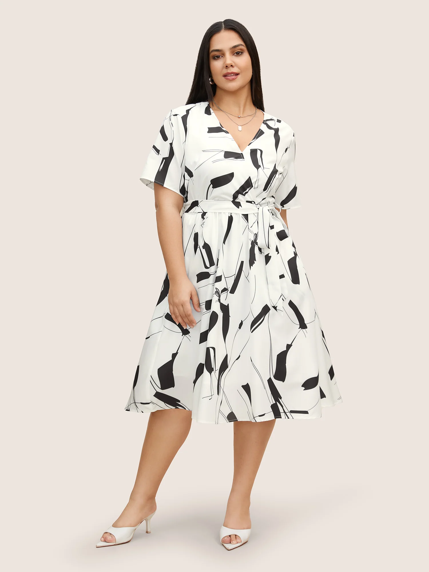 Geometric Overlap Collar Belted Midi Dress - Image 3