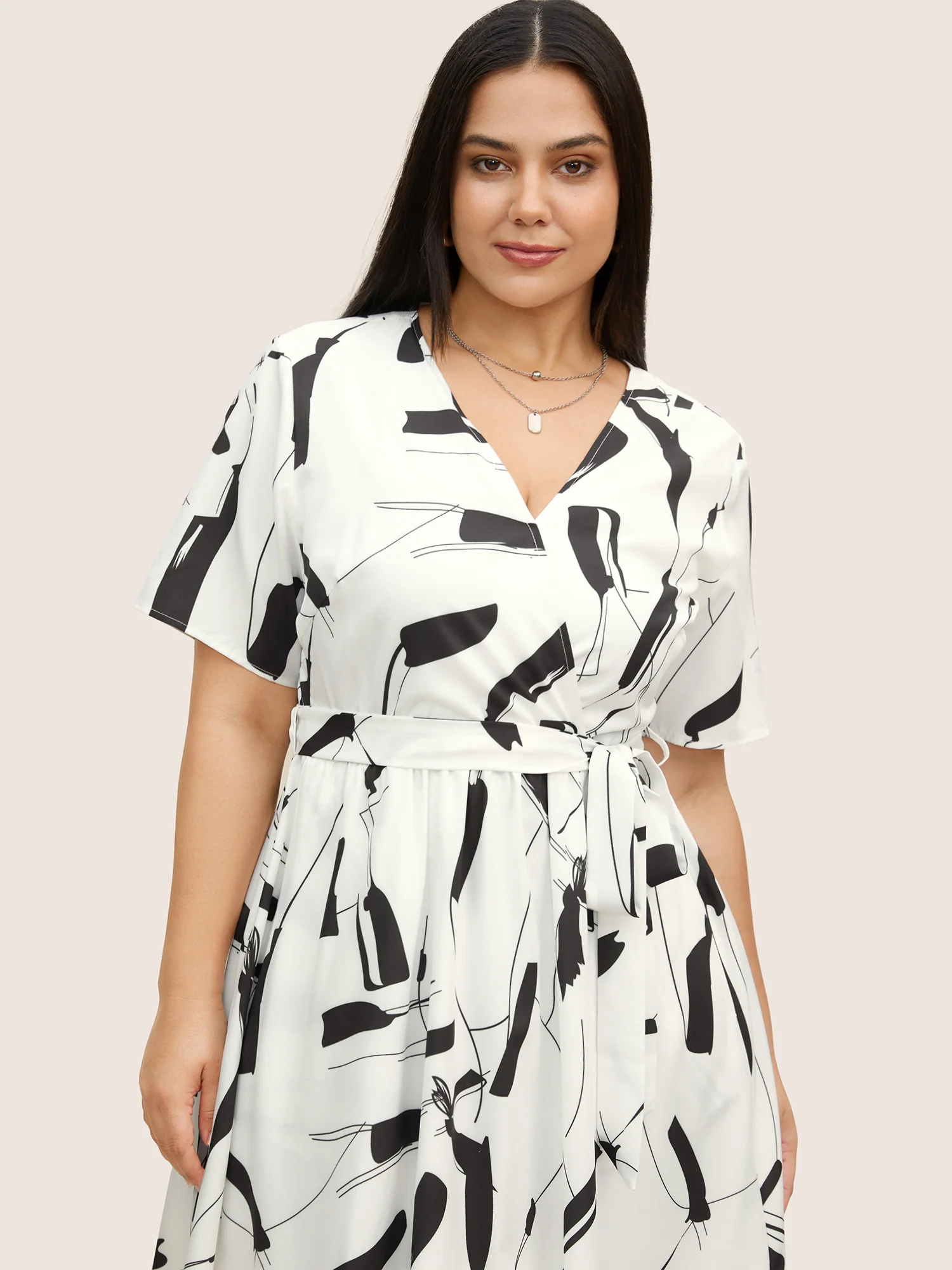 Geometric Overlap Collar Belted Midi Dress - Image 4