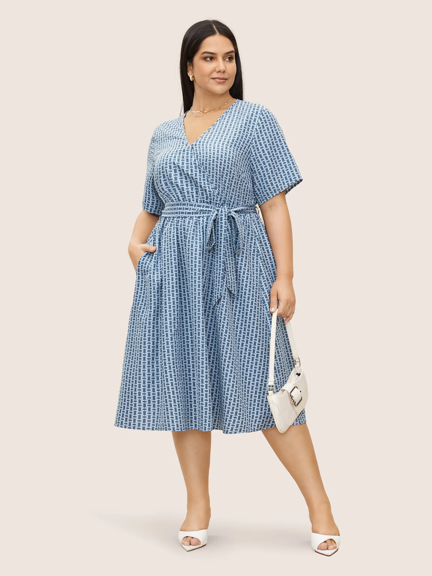 Geometric Overlap Collar Elastic Waist Belted Dress - Image 3