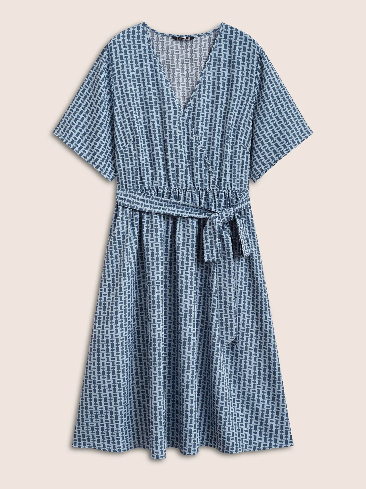Geometric Overlap Collar Elastic Waist Belted Dress - Image 7