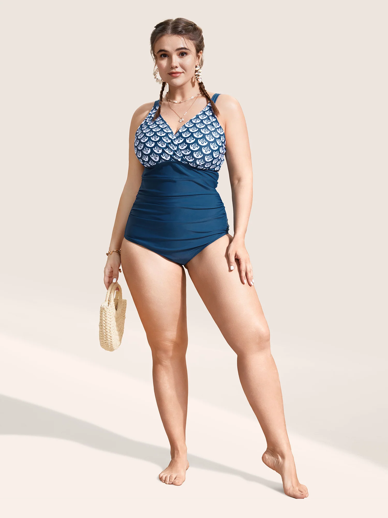 Geometric Overlap Collar Gathered One Piece Swimsuit - Image 3