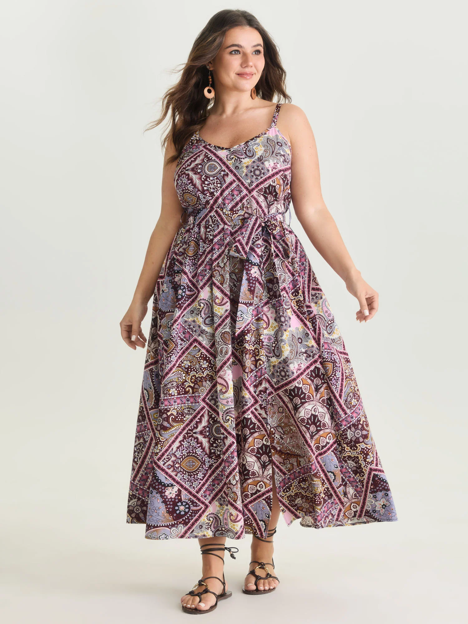 Geometric Paisley Print Waist-Tie Maxi Dress - Image 3