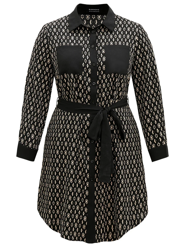 Geometric Patched Pocket Arc Hem Dress - Image 10