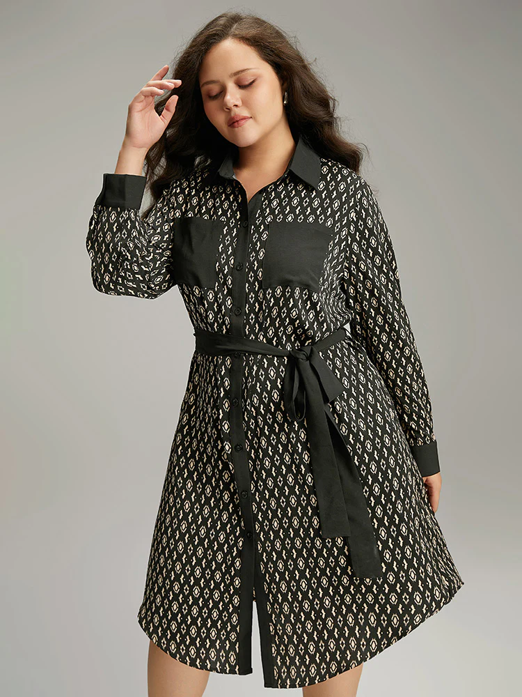Geometric Patched Pocket Arc Hem Dress - Image 6