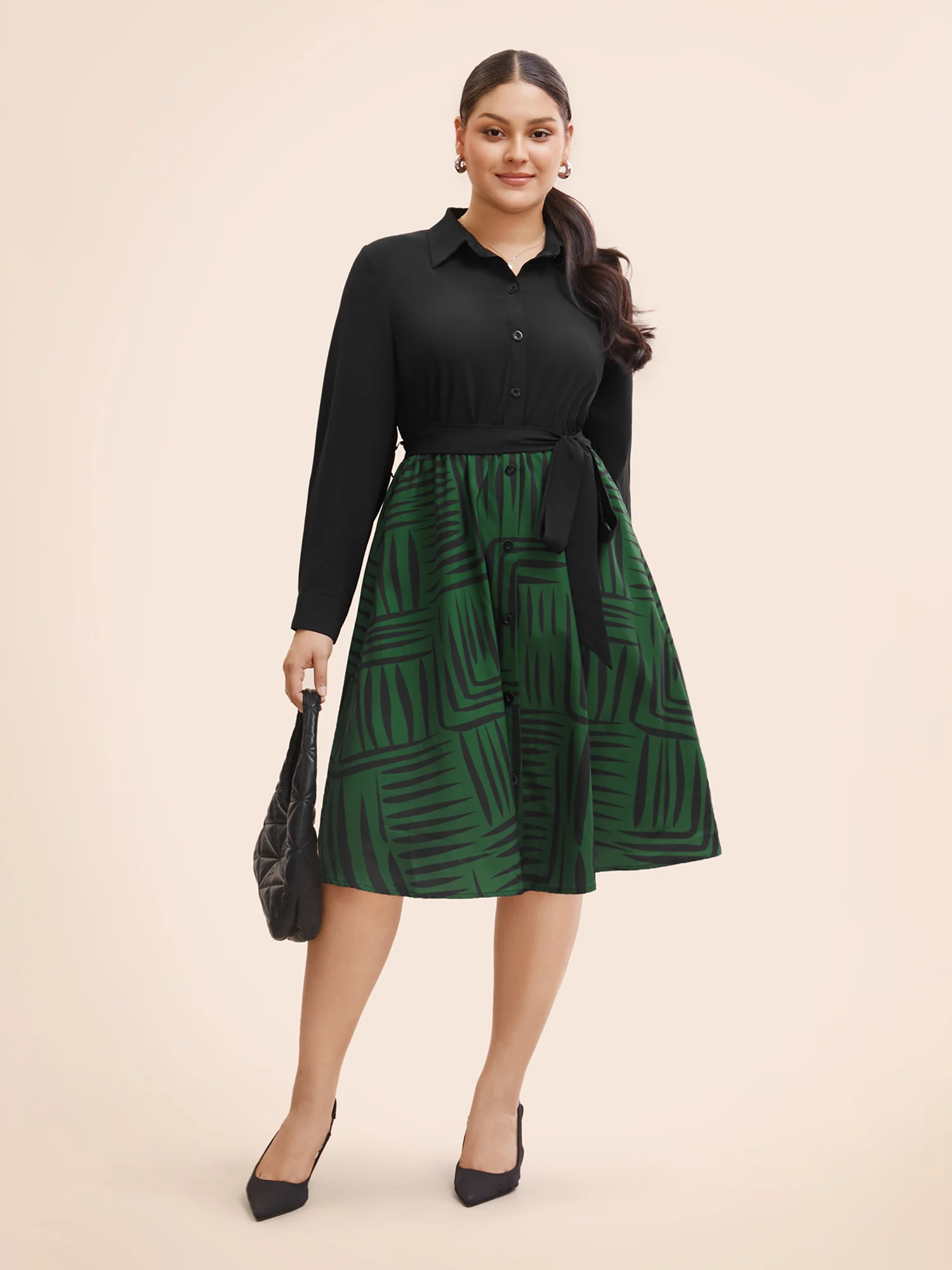Geometric Patchwork Button Up Belted Dress - Image 2