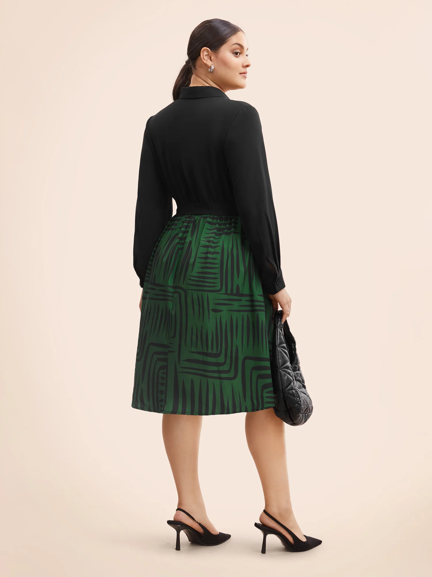 Geometric Patchwork Button Up Belted Dress - Image 3