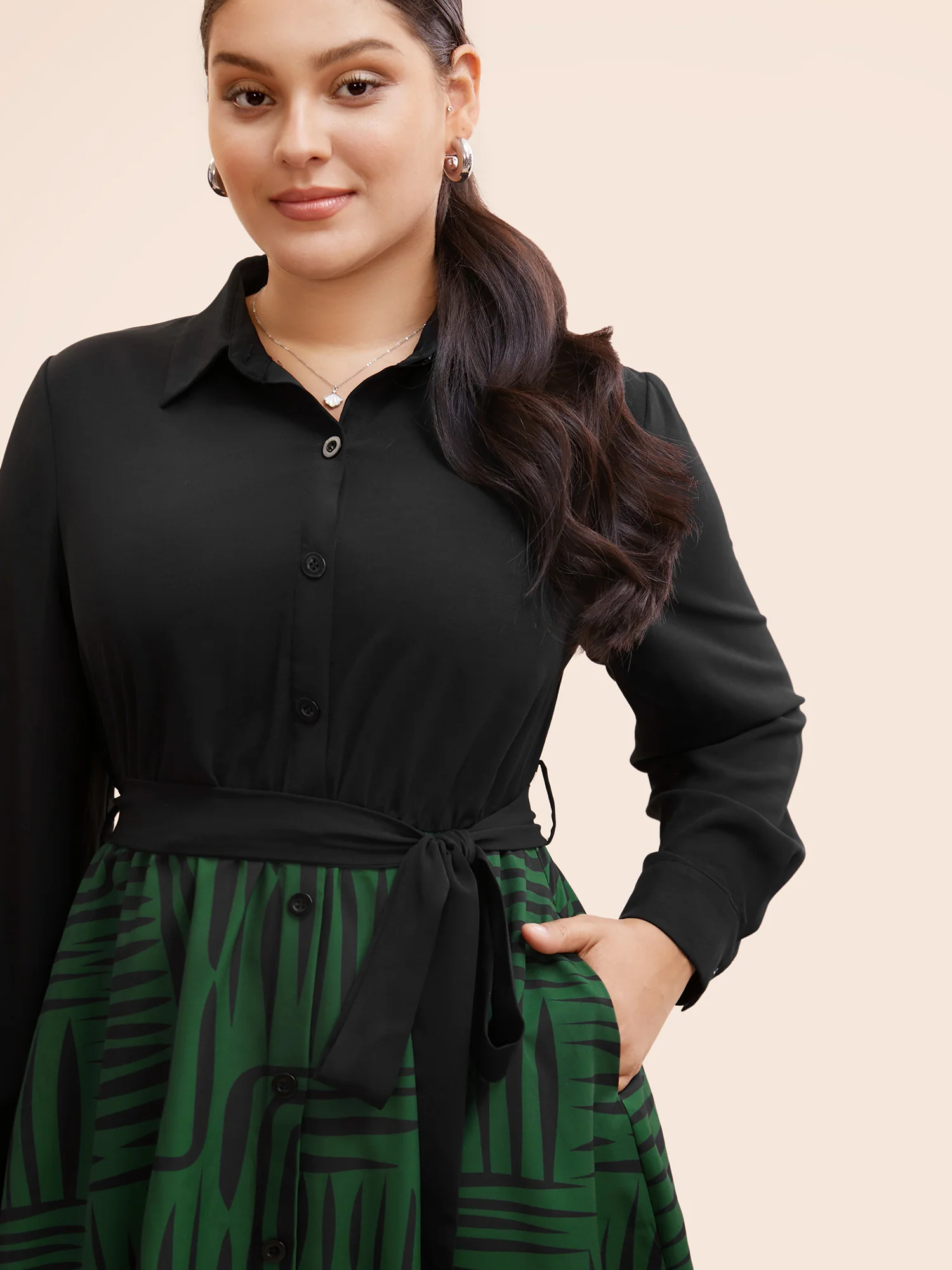 Geometric Patchwork Button Up Belted Dress - Image 4