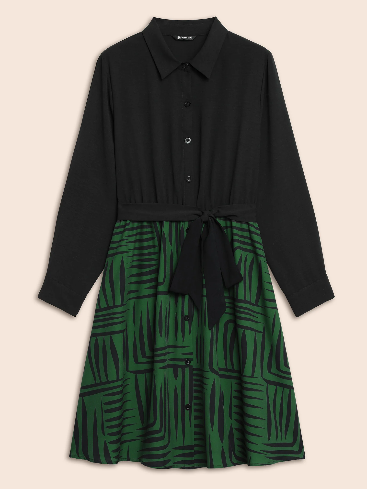 Geometric Patchwork Button Up Belted Dress - Image 7