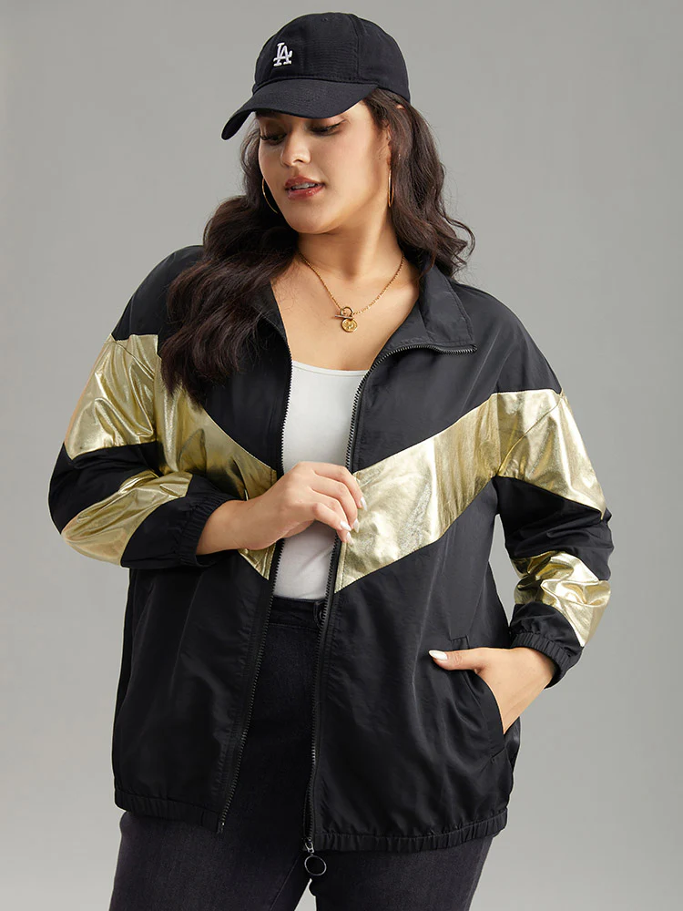 Geometric Patchwork Contrast Zipper Jacket - Image 2