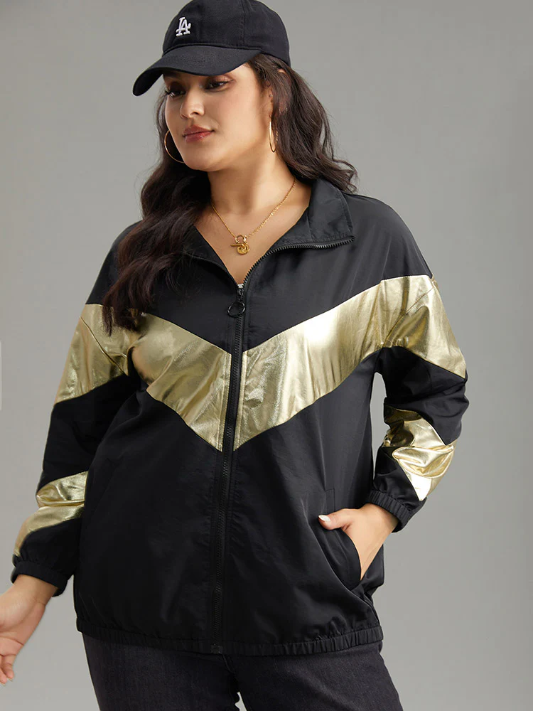 Geometric Patchwork Contrast Zipper Jacket - Image 3
