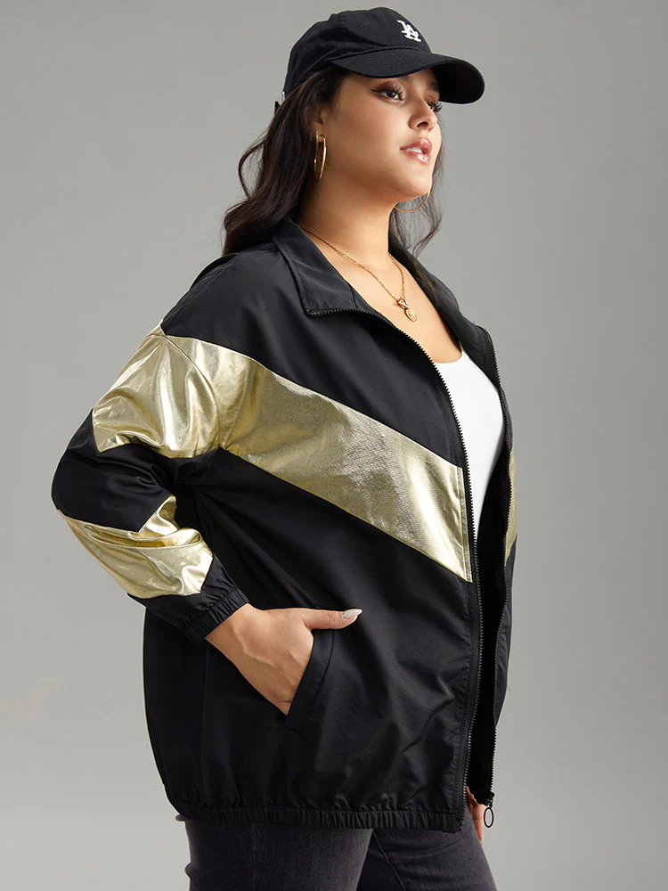 Geometric Patchwork Contrast Zipper Jacket - Image 4