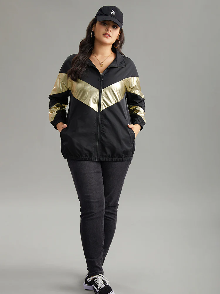 Geometric Patchwork Contrast Zipper Jacket - Image 5