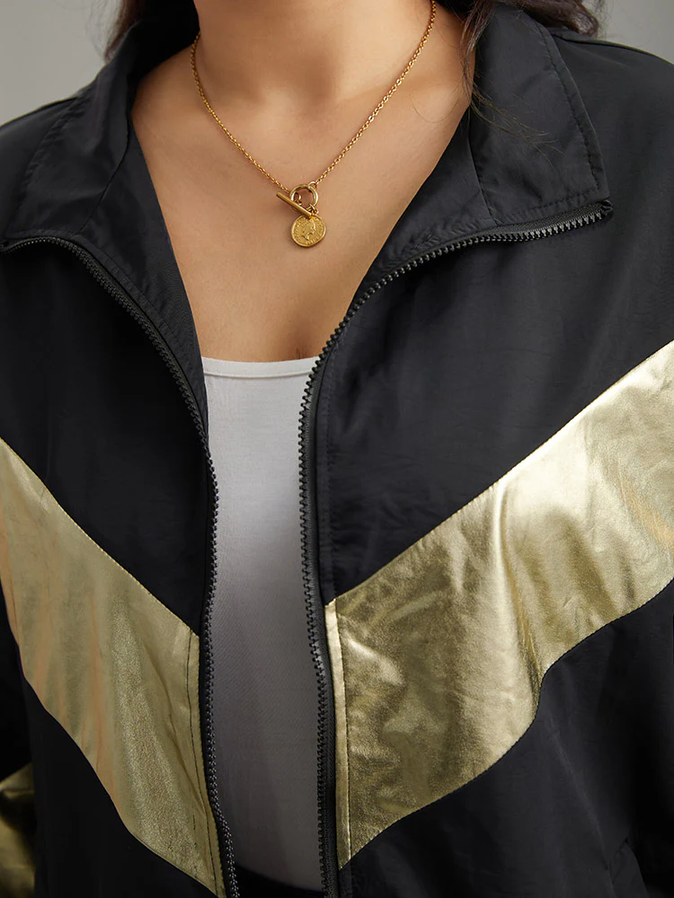 Geometric Patchwork Contrast Zipper Jacket - Image 7