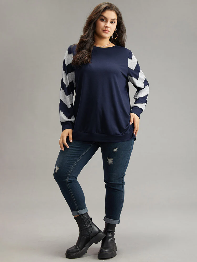 Geometric Patchwork Round Neck Sweatshirt - Image 12