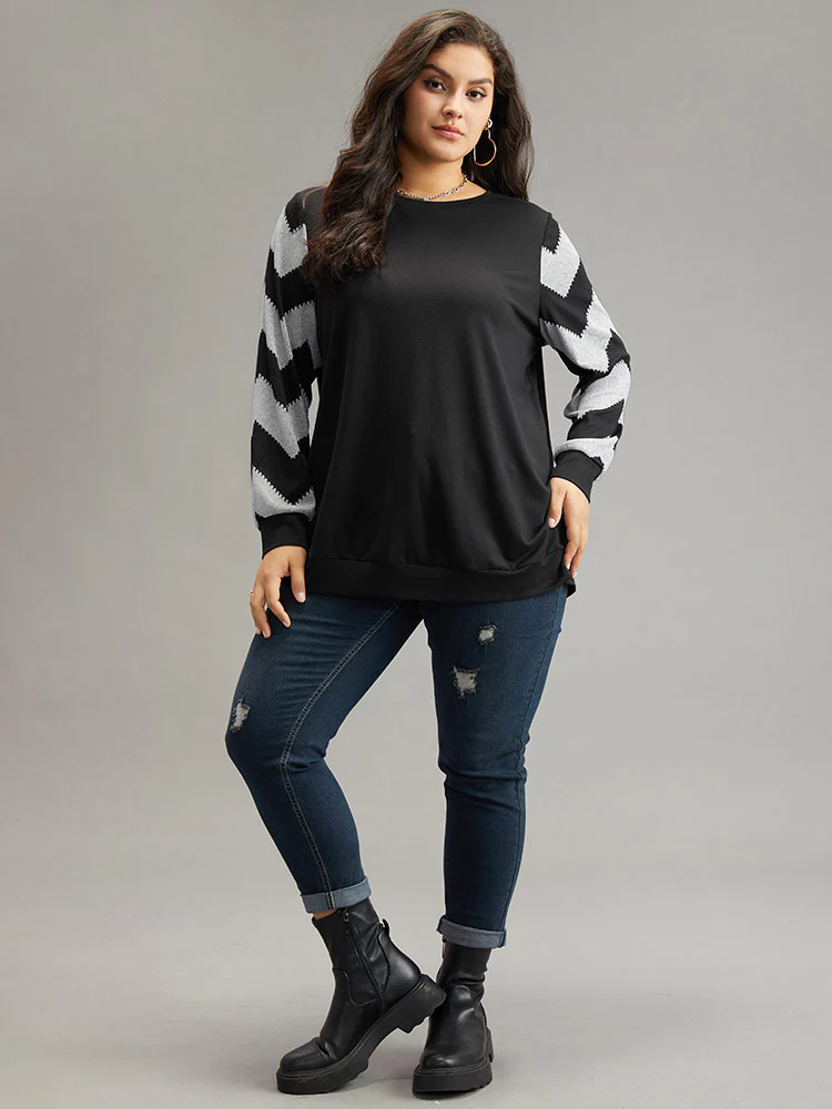 Geometric Patchwork Round Neck Sweatshirt - Image 4