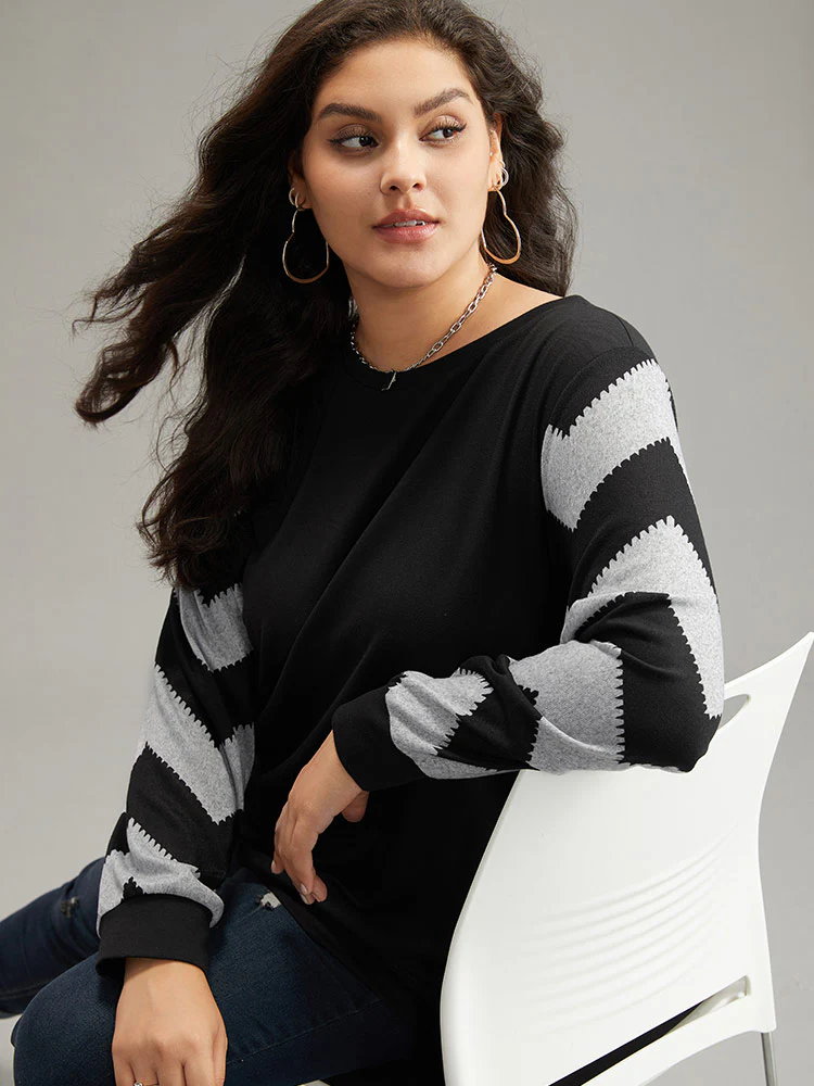 Geometric Patchwork Round Neck Sweatshirt - Image 5
