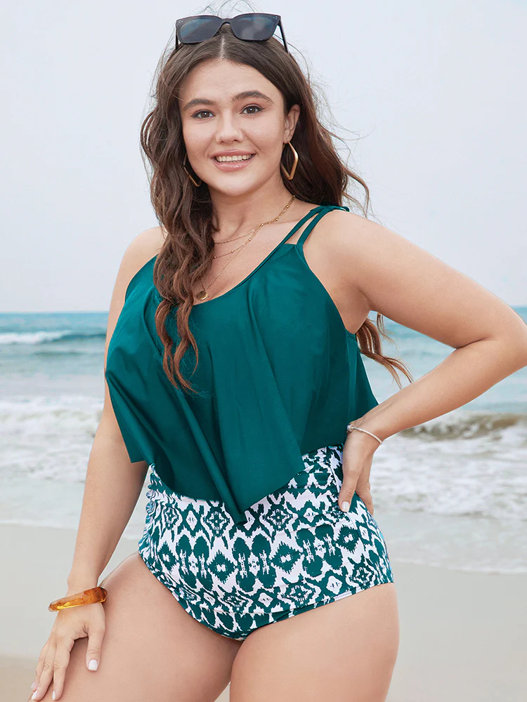 Geometric Patchwork Ruffle Trim One Piece Swimsuit - Image 8
