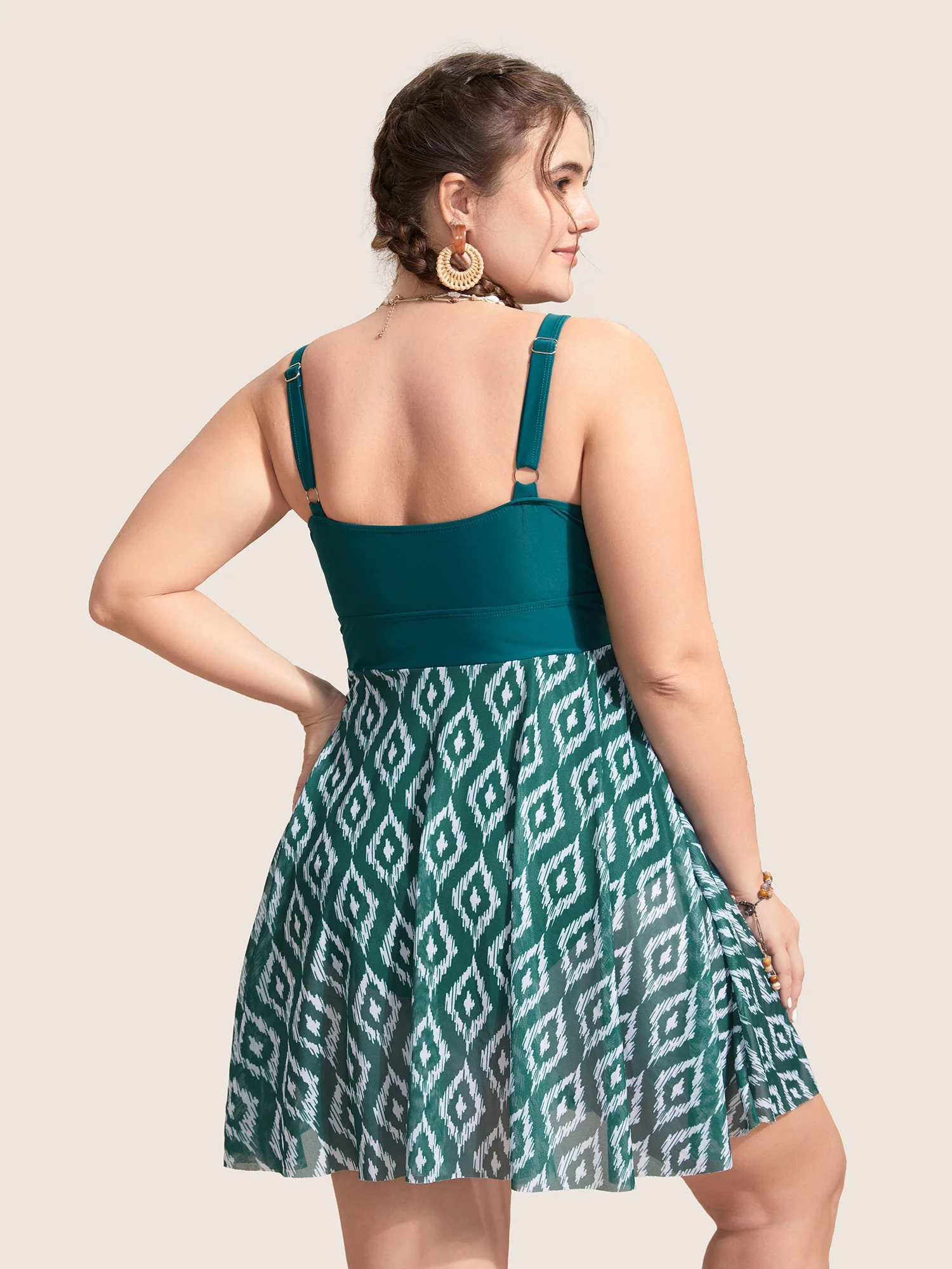 Geometric Patchwork See Through Ruffles Swim Dress - Image 2