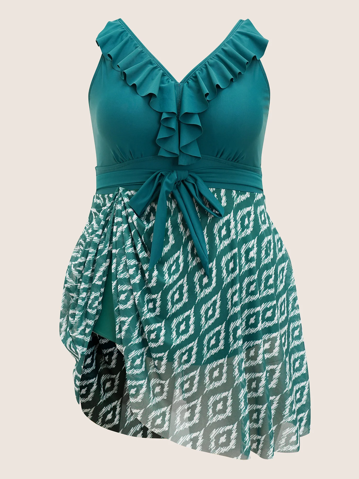 Geometric Patchwork See Through Ruffles Swim Dress - Image 7