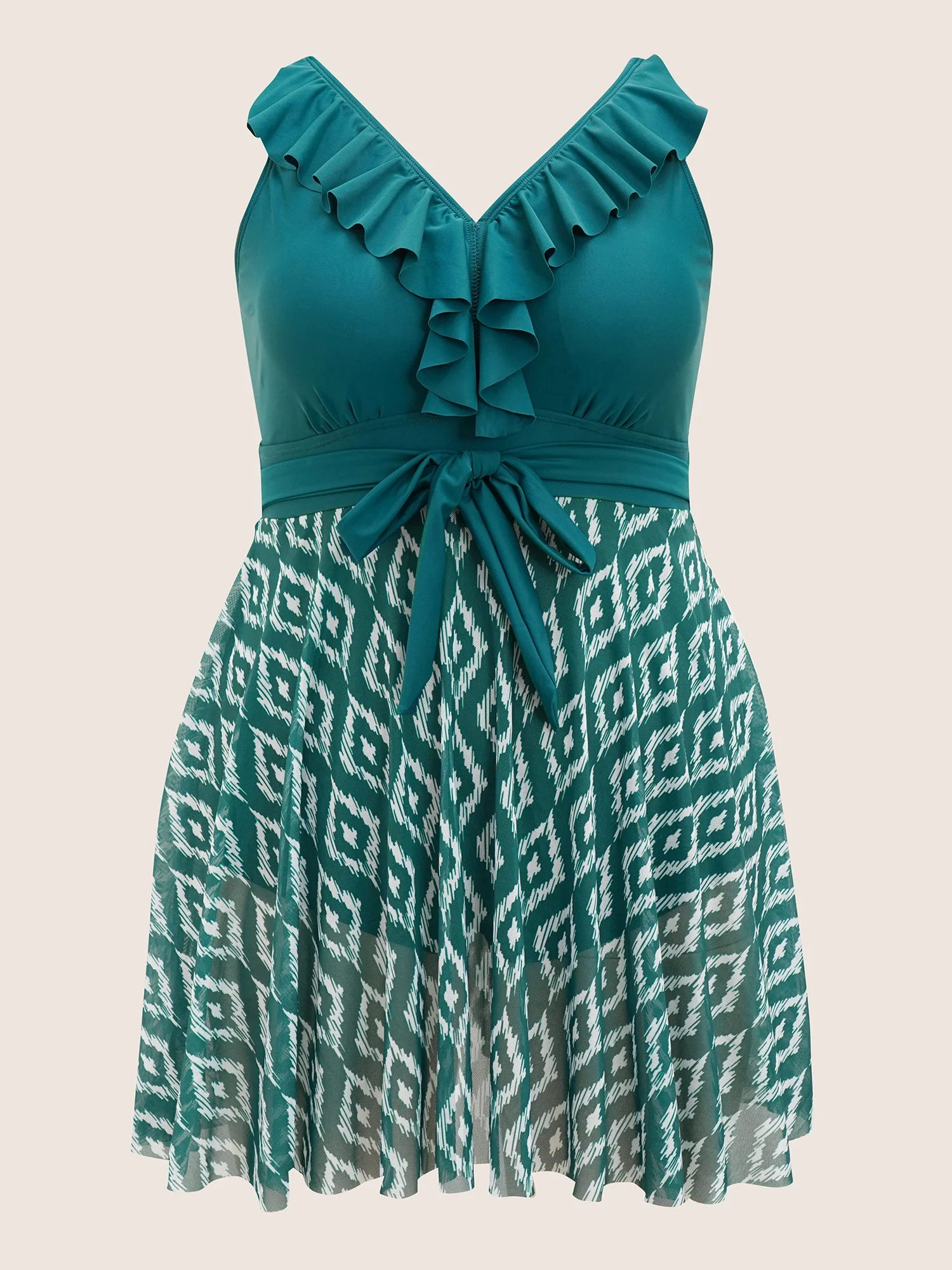 Geometric Patchwork See Through Ruffles Swim Dress - Image 8