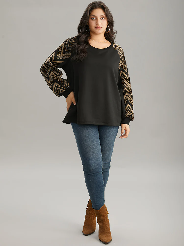 Geometric Patchwork Texture Rib Knit Sweatshirt - Image 4