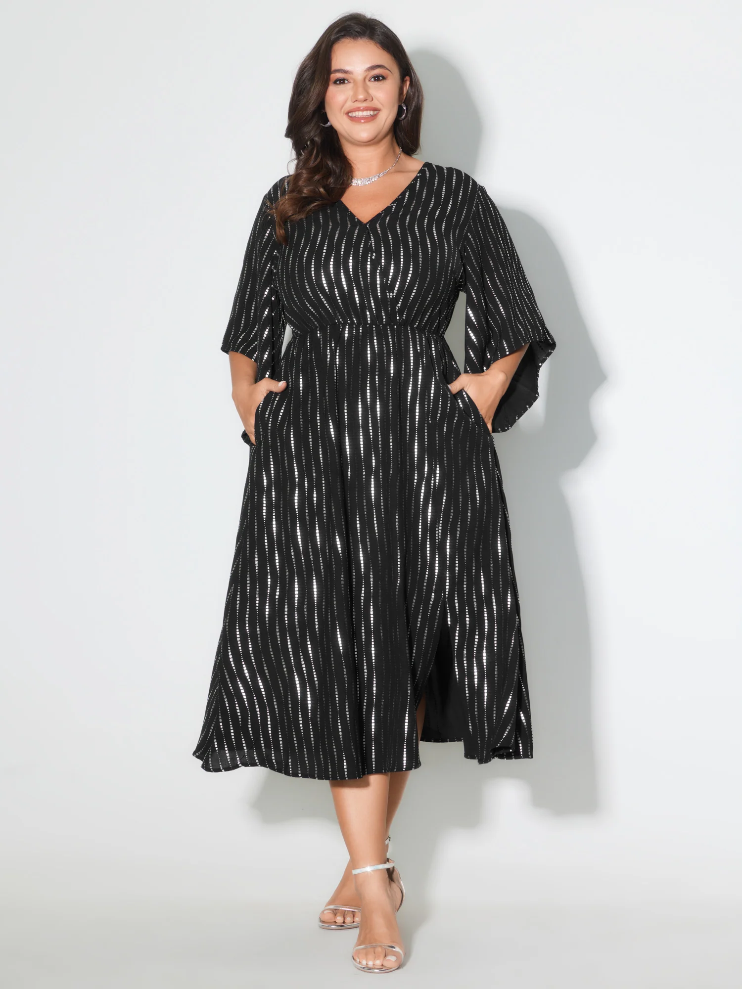 Geometric Pattern Flared Sleeve Midi Dress - Image 2