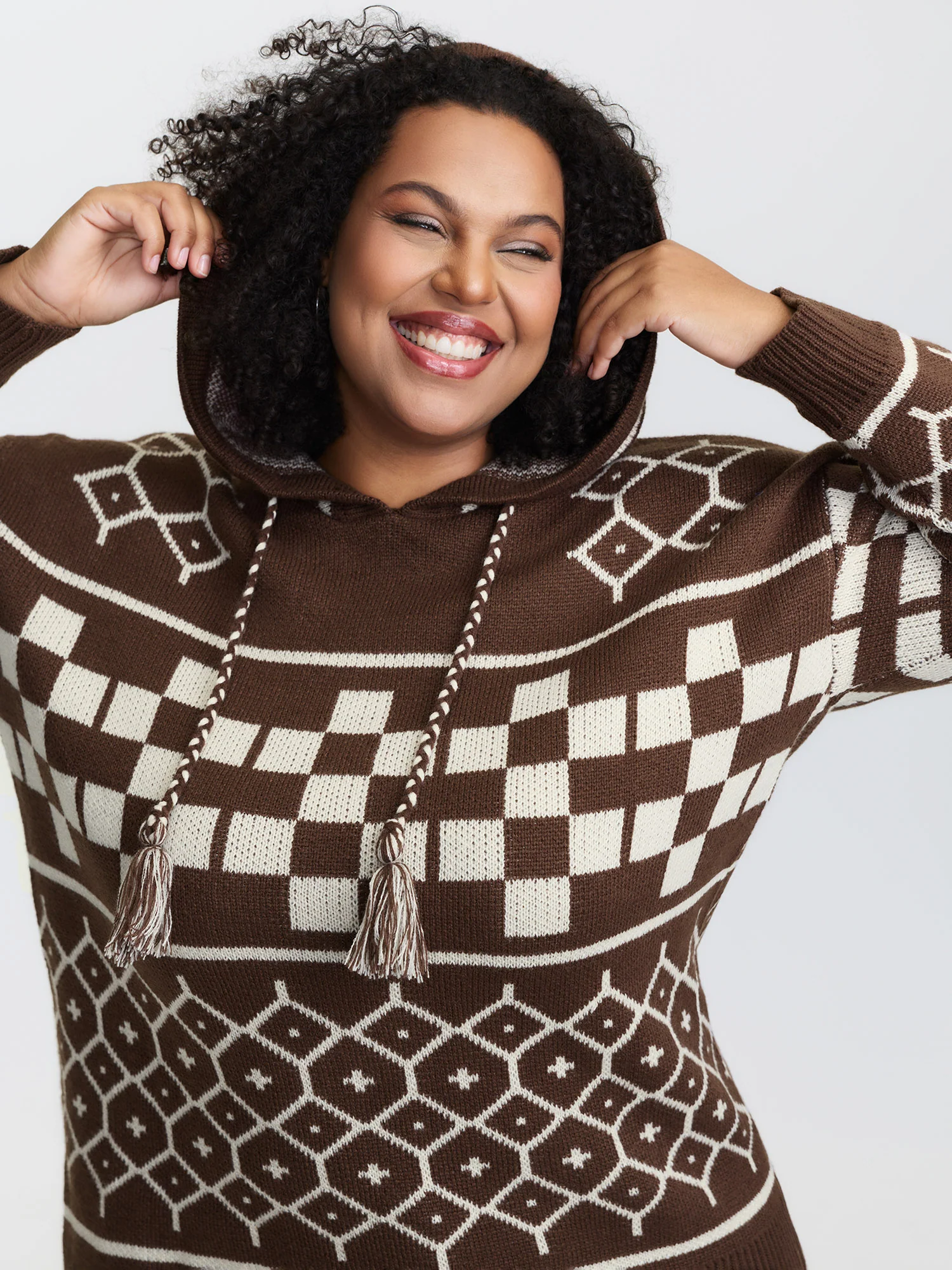 Geometric Pattern Jacquard Drawstring Hoodie - Image 2
