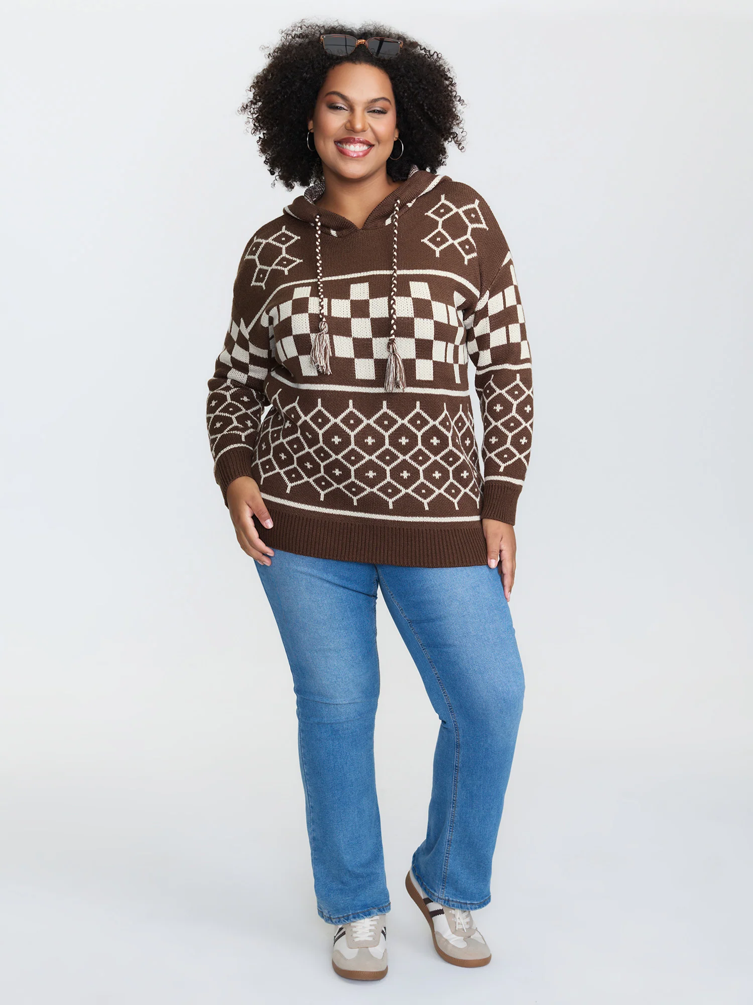 Geometric Pattern Jacquard Drawstring Hoodie - Image 3