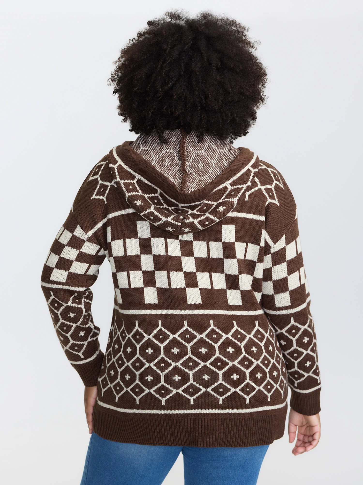Geometric Pattern Jacquard Drawstring Hoodie - Image 4