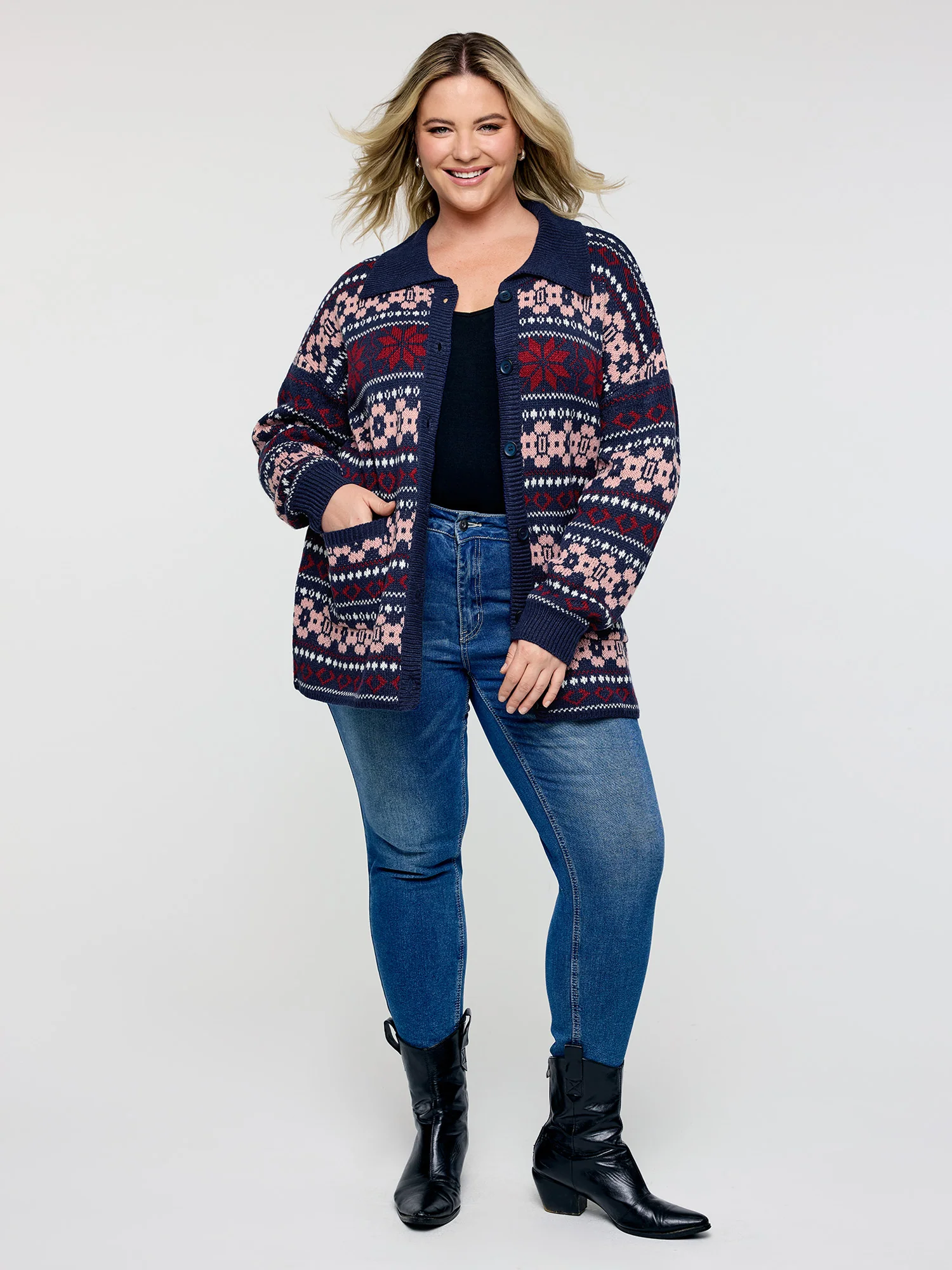 Geometric Pattern Patch Pocket Button Knit Cardigan - Image 2