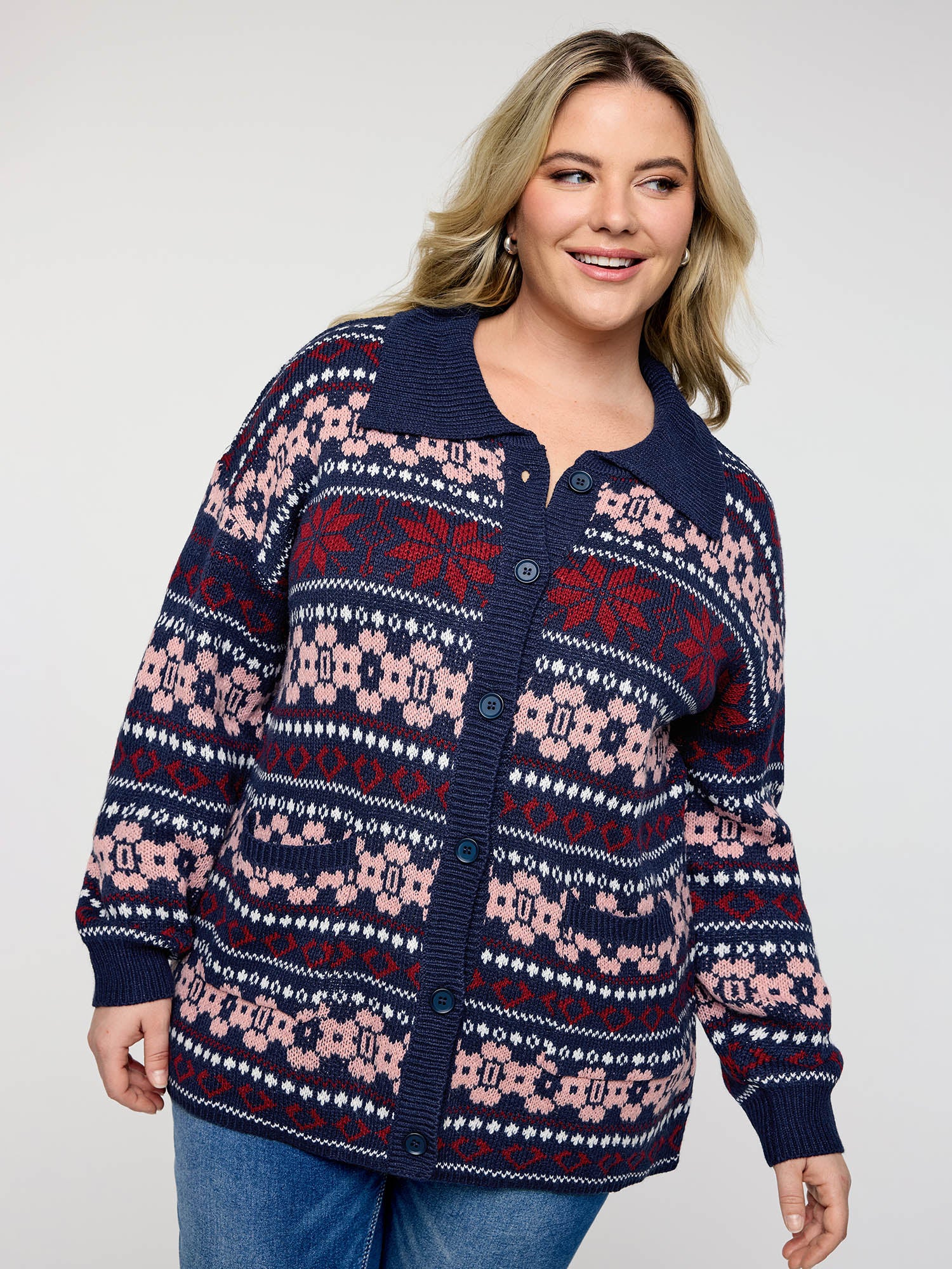 Geometric Pattern Patch Pocket Button Knit Cardigan - Image 3