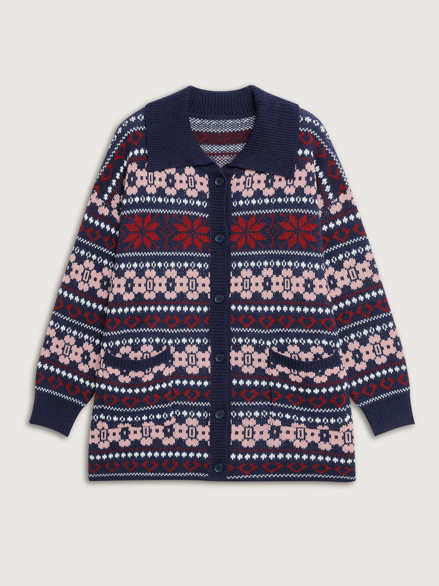 Geometric Pattern Patch Pocket Button Knit Cardigan - Image 8