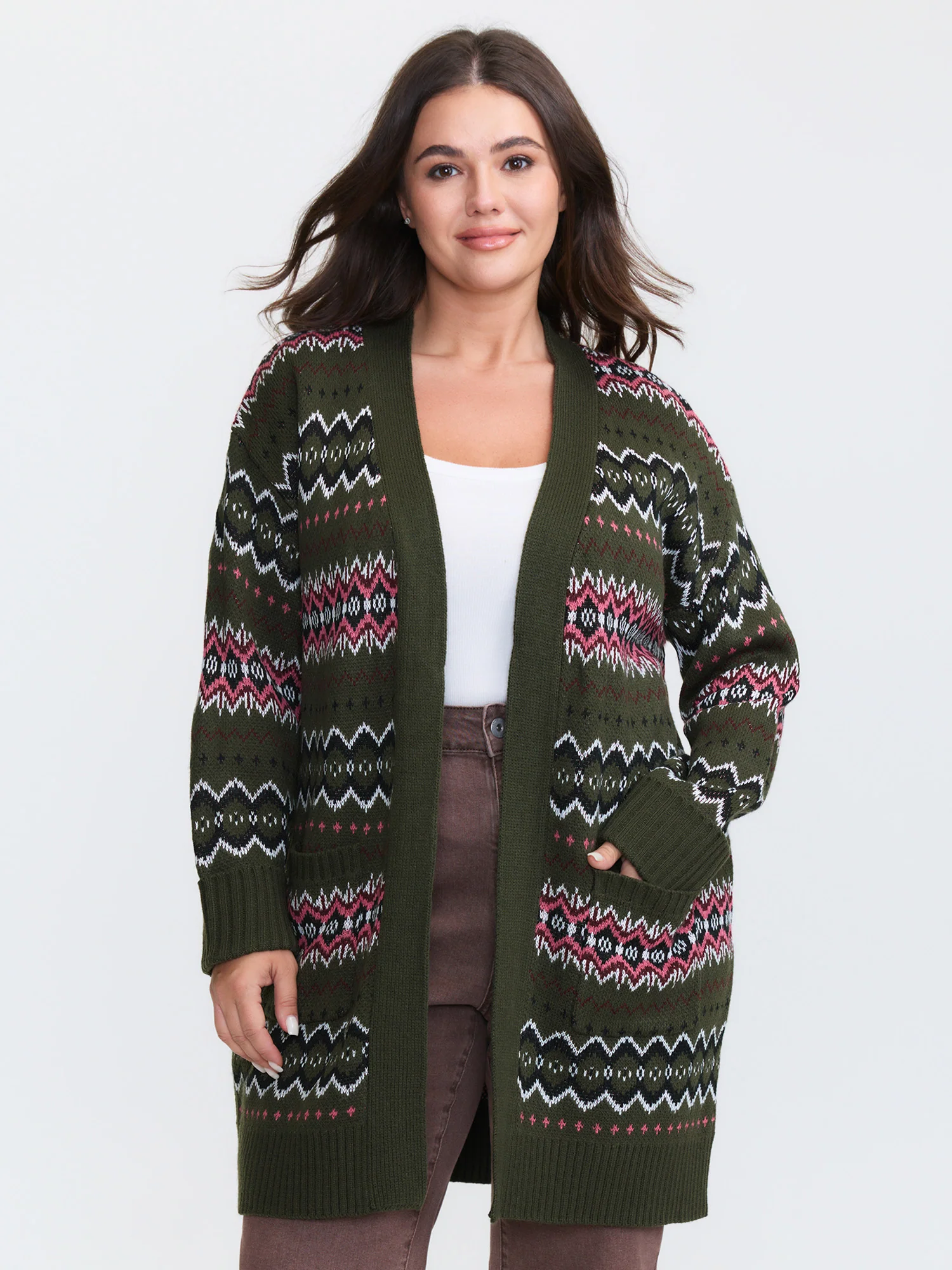 Geometric Pattern Pockets Open-Front Cardigan - Image 2
