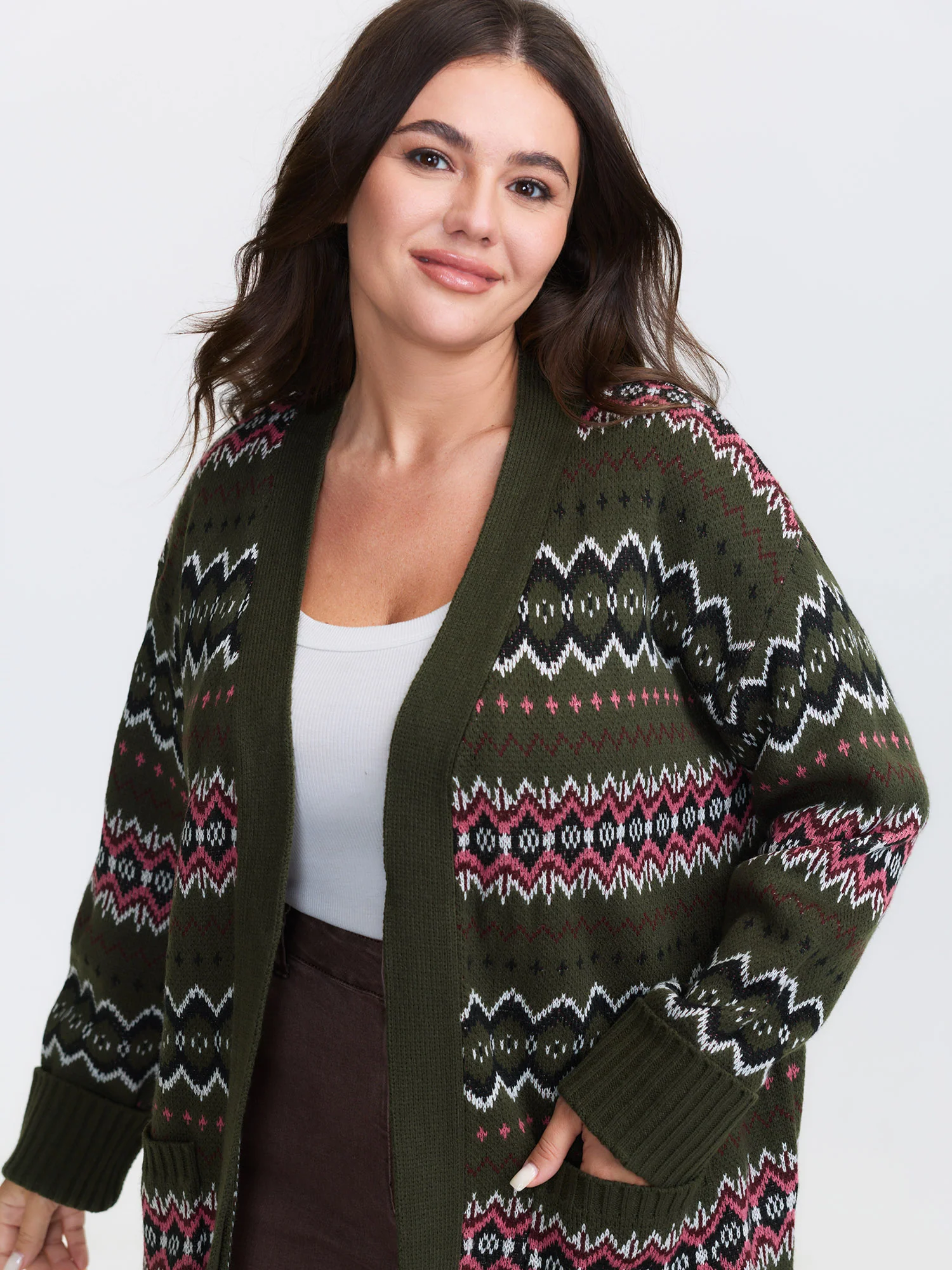 Geometric Pattern Pockets Open-Front Cardigan - Image 3
