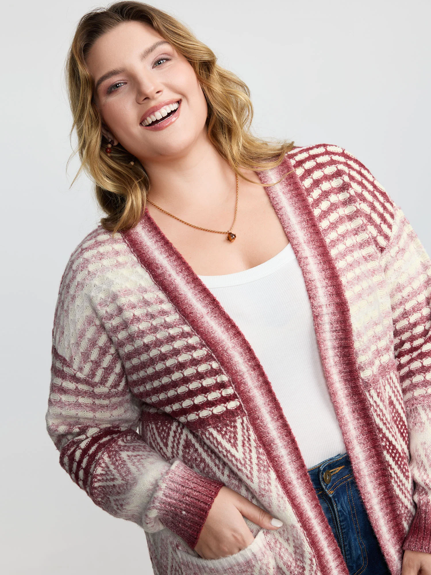 Geometric Pattern Pockets Open-Front Knit Cardigan - Image 2