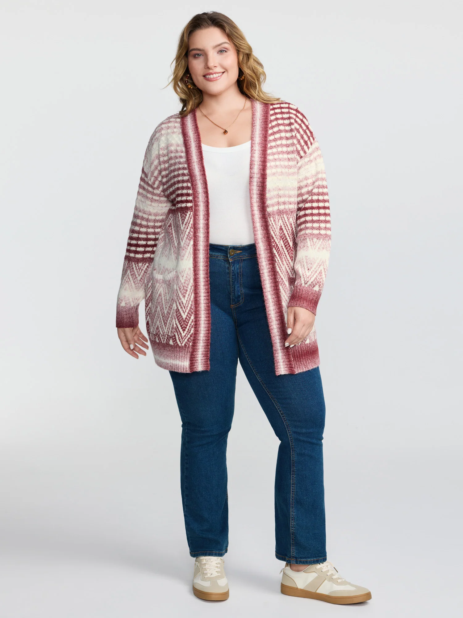 Geometric Pattern Pockets Open-Front Knit Cardigan - Image 3