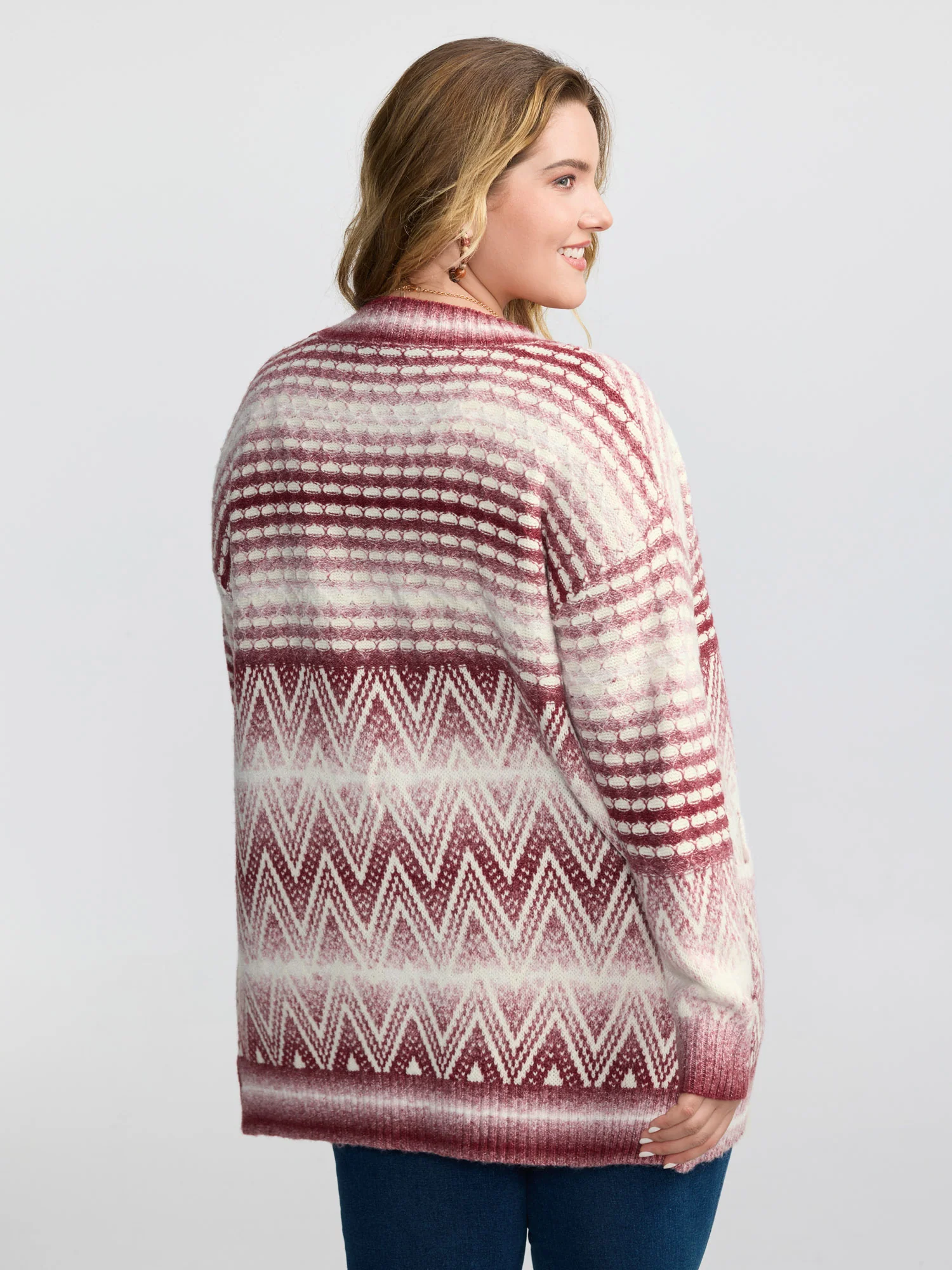 Geometric Pattern Pockets Open-Front Knit Cardigan - Image 4