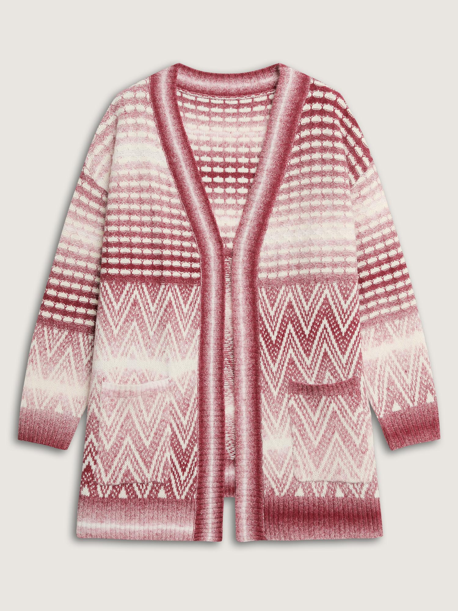 Geometric Pattern Pockets Open-Front Knit Cardigan - Image 8