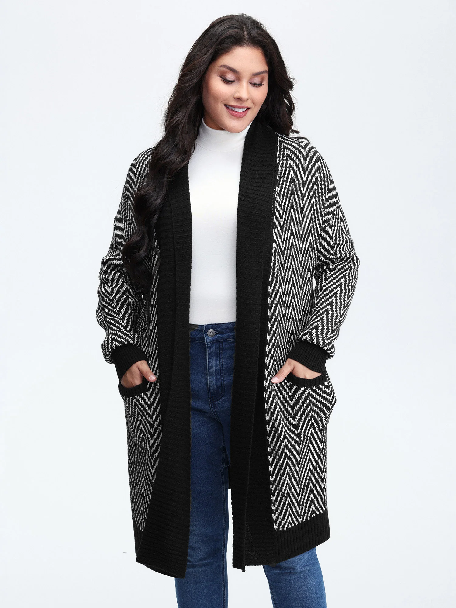 Geometric Pattern Pockets Open-Front Knit Cardigan