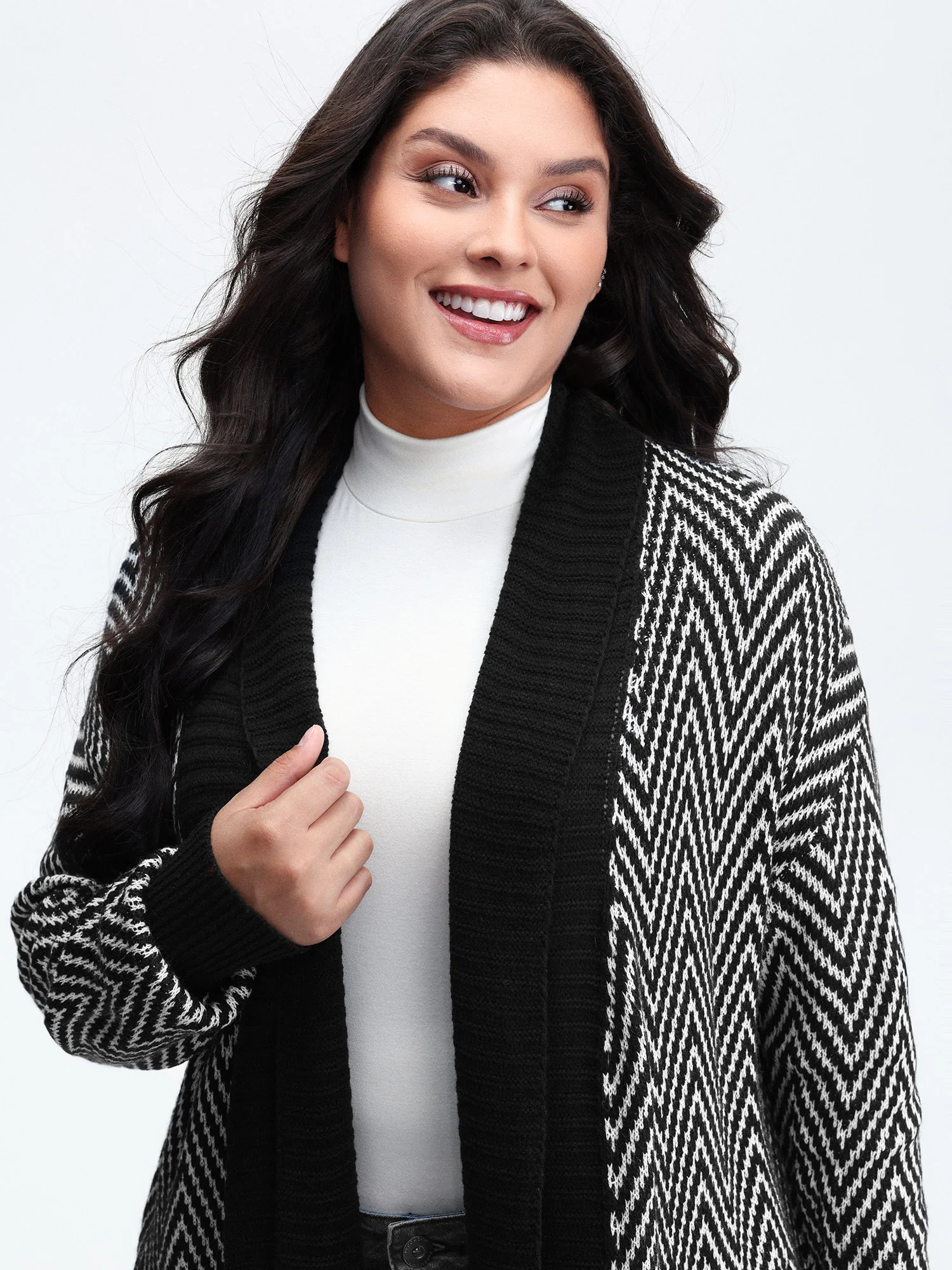 Geometric Pattern Pockets Open-Front Knit Cardigan - Image 2
