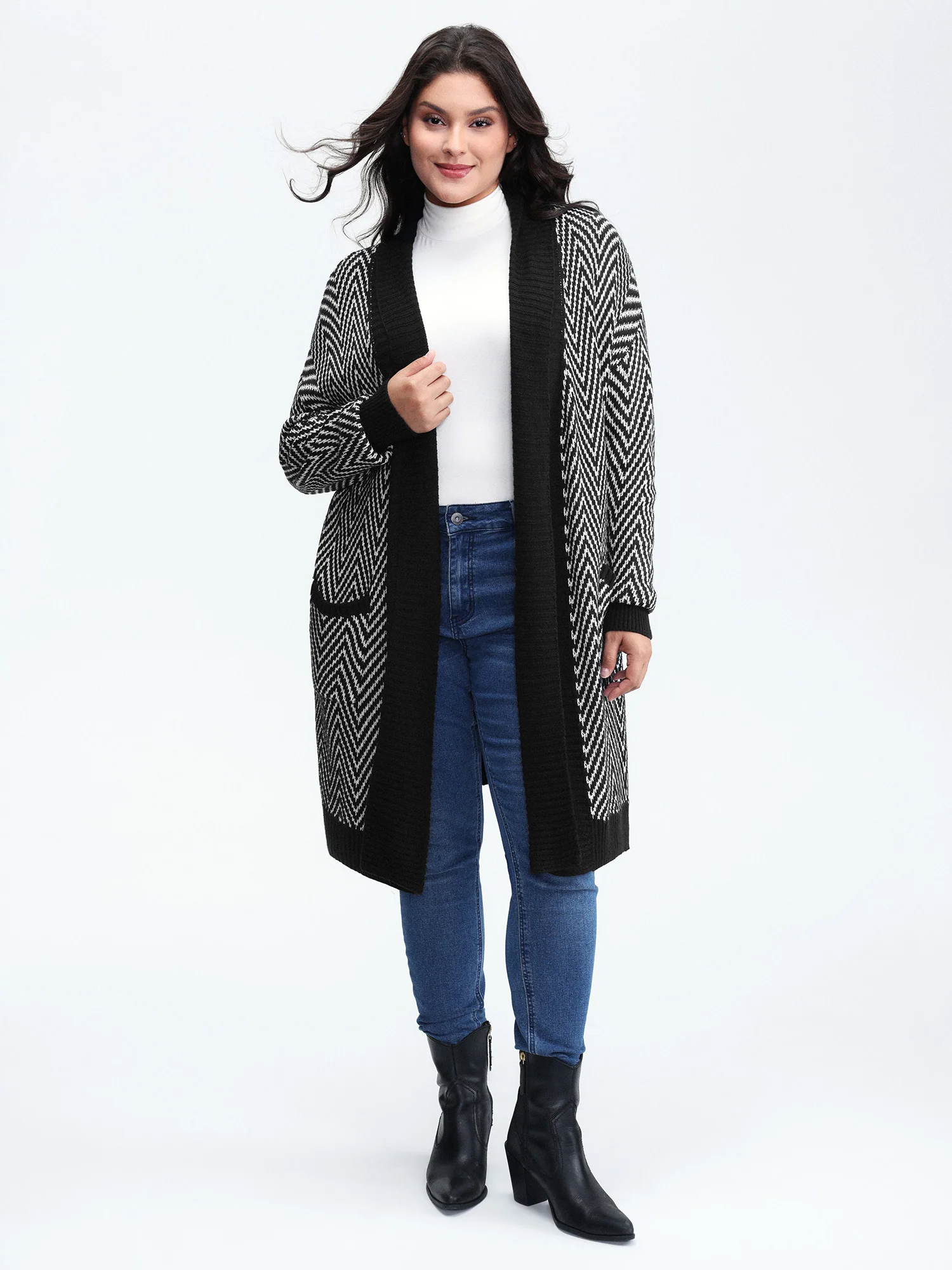 Geometric Pattern Pockets Open-Front Knit Cardigan - Image 3