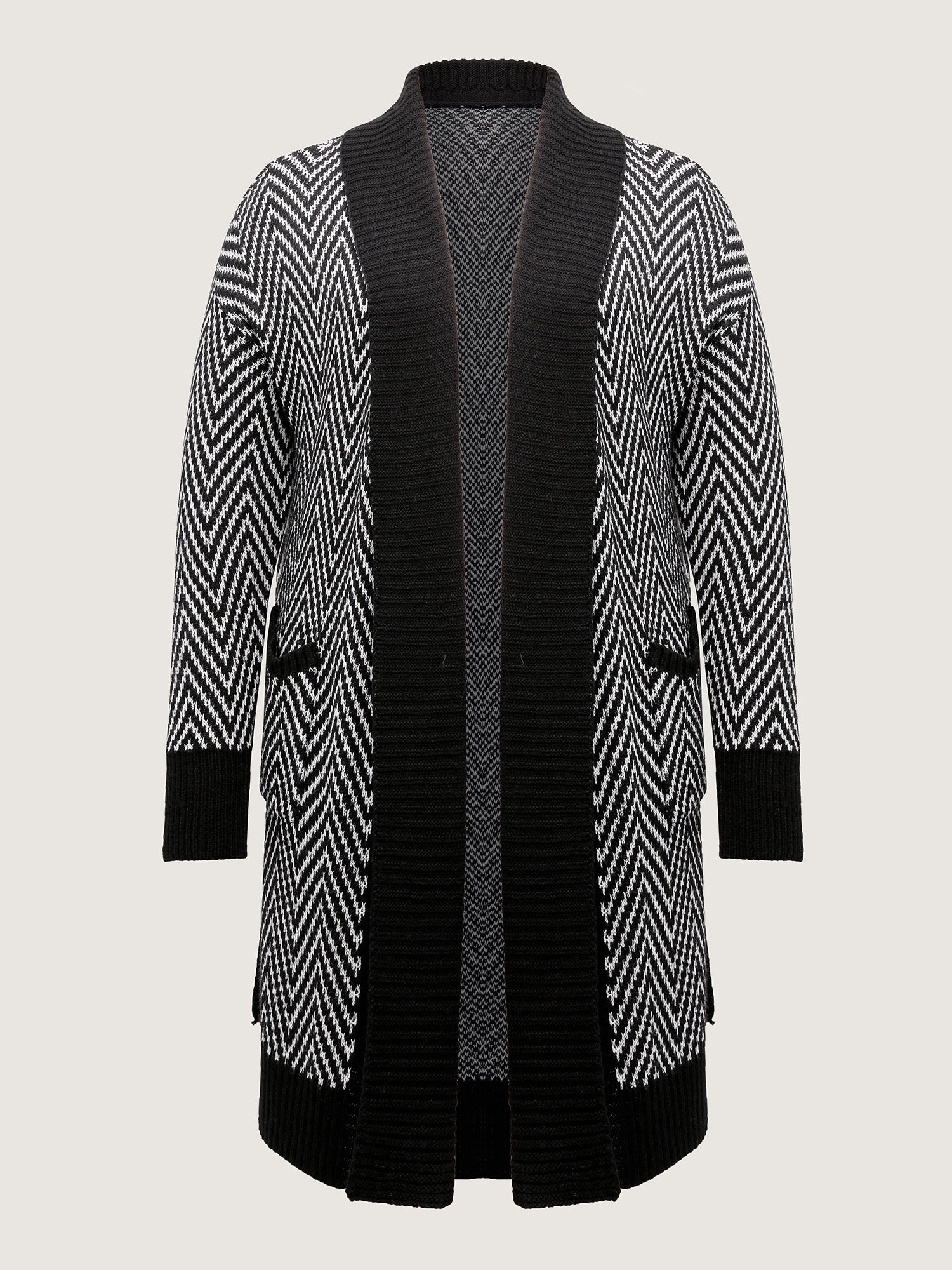 Geometric Pattern Pockets Open-Front Knit Cardigan - Image 7