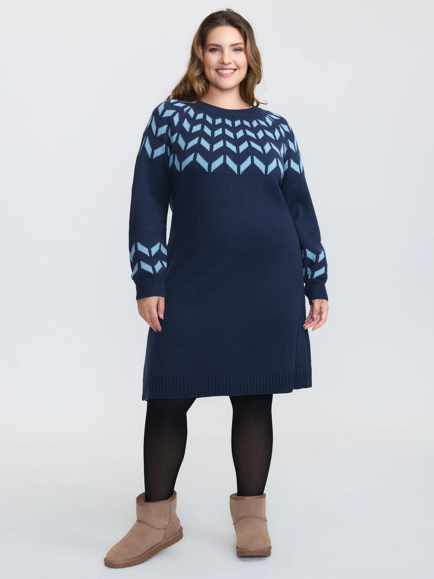 Geometric Pattern Raglan Sleeve Midi Sweater Dress - Image 3