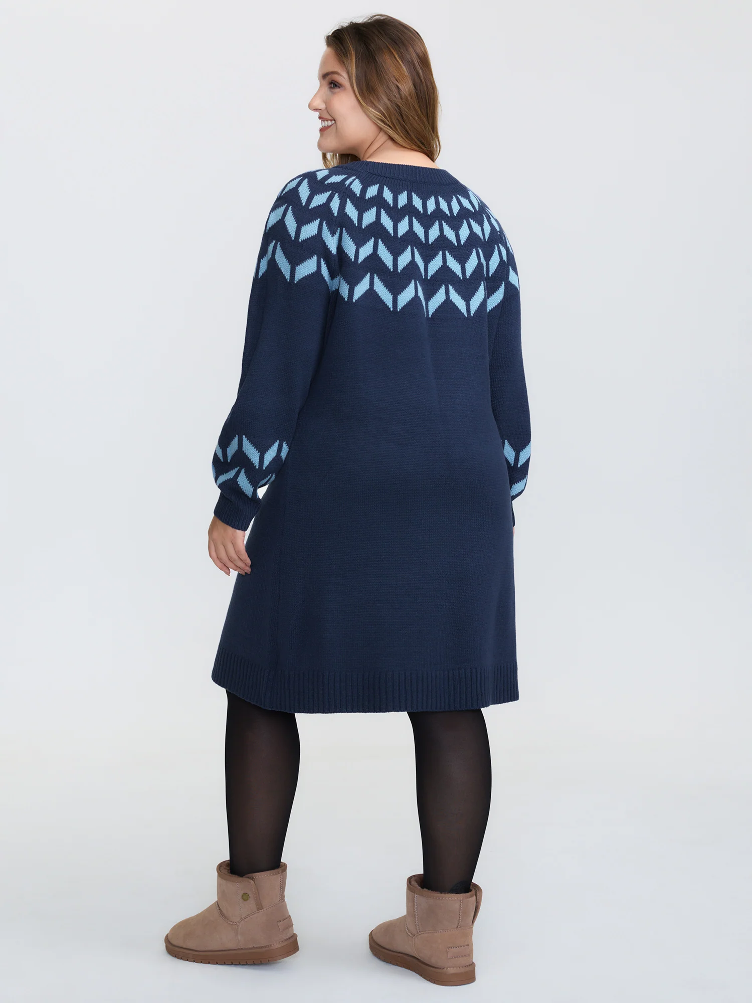 Geometric Pattern Raglan Sleeve Midi Sweater Dress - Image 4